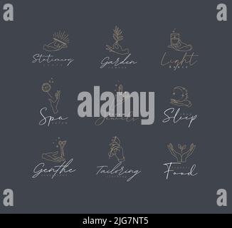 Hand symbol templates pen, branch, candle, dandelion, crystal, moon, scissors, needle, leaf in modern line style drawing on grey background Stock Vector