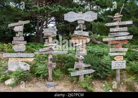 Scout camp on Brownsea Island, Dorset, England, UK. Carved wooden signs from scout troops that have camped on the island Stock Photo