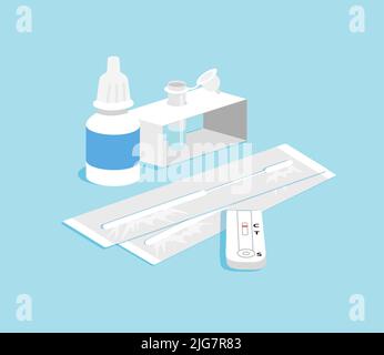 Close up of an antigen test kit (atk) or home kit to extract sample with swab or nasal swab. Flat vector icon illustration.  Self-test at home. Stock Vector