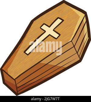 A colorful vector illustration of a wooden coffin with a Christian cross Stock Vector