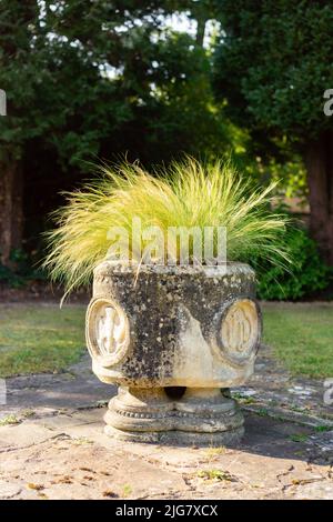 Carved stone font with grasses in a garden location Stock Photo