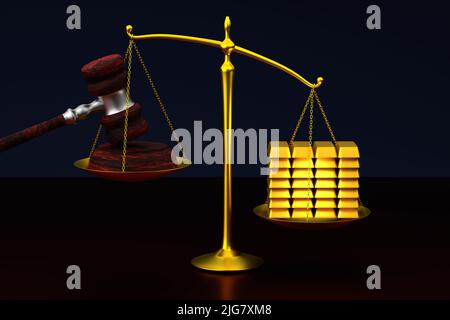 Corruption in court concept. Judicial scales and gavel. Gold bars outweigh justice. 3d render Stock Photo