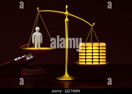 Corruption in court concept. Judicial scales on which there is a person and gold bars. Selling Justice. 3d render Stock Photo