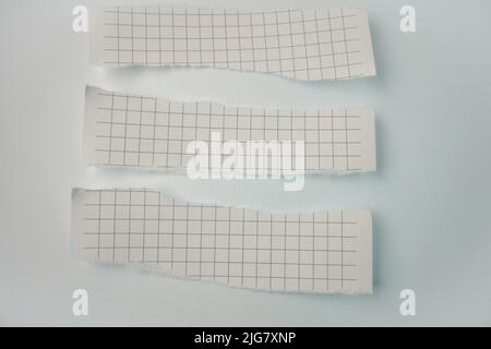 A set of white torn strips of checkered paper on a white background. Torn horizontal and different sized blank paper for notes, template. Stock Photo