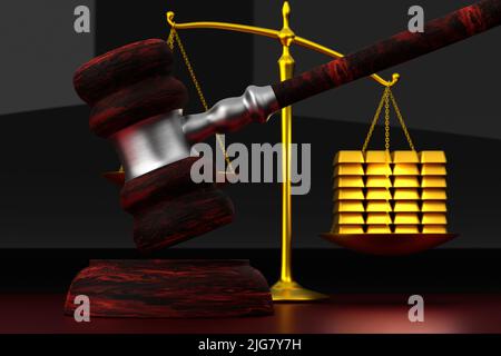 Corruption in court concept. Judicial scales and gavel. Gold bars outweigh justice. 3d render Stock Photo