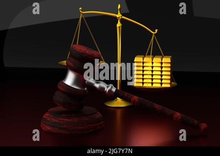 Corruption in court concept. Judicial scales and gavel. Gold bars outweigh justice. 3d render Stock Photo