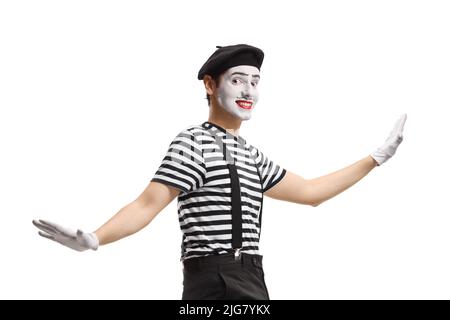 Funny mime dancing isolated on white background Stock Photo
