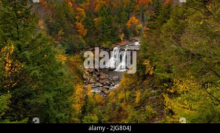 An aerial view of Blackwater Falls with the autumn forest around  in State Park in West Virginia Stock Photo