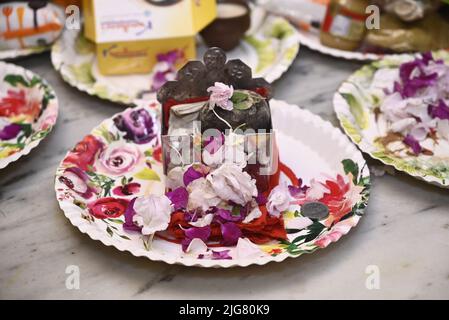 Indian sweets in a tray with traditional for Diwali festival celebration Stock Photo