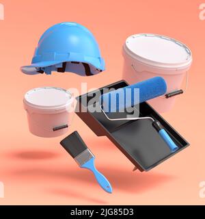 Set of flying safety helmet, bucket, tray with paint rollers and brushes for painting walls on orange background. 3d render of renovation apartment co Stock Photo