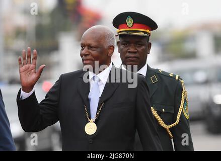 Luanda. 26th Sep, 2017. File photo taken on Sept. 26, 2017 shows Angola's former President Jose Eduardo dos Santos (front) during a presidential inauguration ceremony of President-elect Joao Lourenco in Luanda, Angola. Former Angolan president Jose Eduardo dos Santos died Friday in Spain after an illness, the government announced here. Credit: Chen Cheng/Xinhua/Alamy Live News Stock Photo