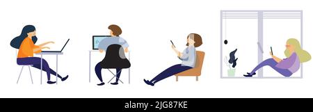Two girls working in front of a laptop and two girls working on phone on a white background Stock Vector