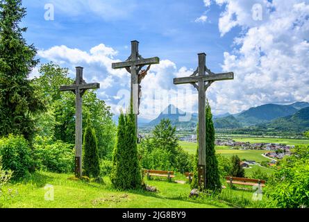 Austria, Tyrol, Lower Inn Valley, Ebbs, view from St. Nikolaus over the Inn Valley towards Pendling Stock Photo