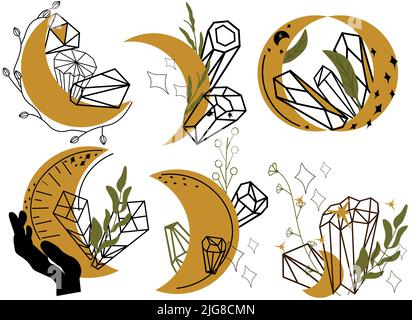 Celestial Moon phase. Magical Moon with crystals, stars, flowers and leaves, crystal in hand. Bohemian Witchcraft moon. Mystic esoteric symbol.Vector illustration. Stock Vector