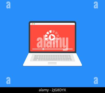 laptop with video player on screen logo design. Online video, watch movies, educational materials, web courses concepts vector design and illustration. Stock Vector