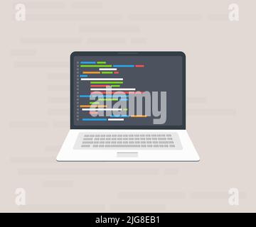 Computer software with programming coding text application window on laptop screen logo design. Big data processing, computing isometric vector design. Stock Vector