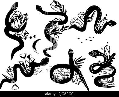Collection mystical snake with crystals, moon, stars, flowers and leaves. Magical snake on white background. Mystic esoteric symbol.Vector illustration. Stock Vector
