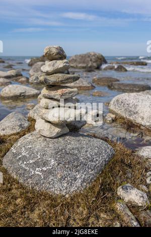 Pile of pebbles on the beach, cairn, Cape Arkona, Rügen, Mecklenburg-Vorpommern, Germany, Stock Photo