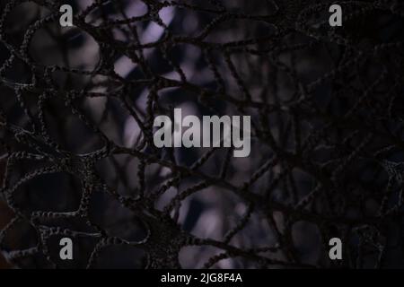 Wicker mesh of threads as a background with a soft blurred focus in the dark as a background ,abstract background Stock Photo