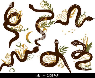Collection mystical snake with crystals, moon, stars, flowers and leaves. Magical snake on white background. Mystic esoteric symbol.Vector illustration. Stock Vector