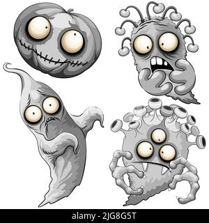 Set of four Halloween Creepy Cute and Funny Monsters Cartoon Characters created with vector graphic art technique. Stock Vector