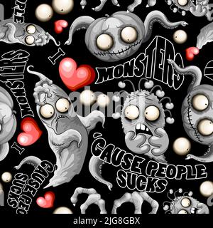 Creepy Cute Monsters, funny Characters saying "I Love Monsters because People Sucks", Fun Halloween slogan Vector Seamless Textile Pattern Stock Vector