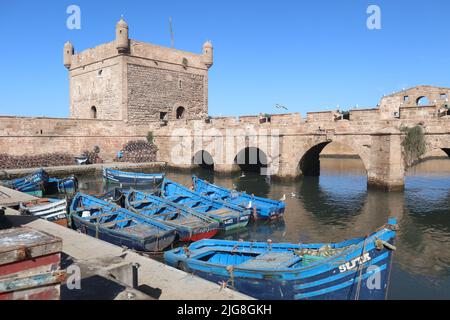 Parked boats in Essaouira fortress Stock Photo