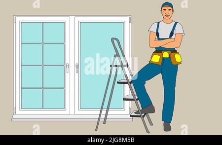 Set of installation of window flat icons.Installation of windows flat style illustration. Measuring Windows and dismantling old windows, window Stock Vector