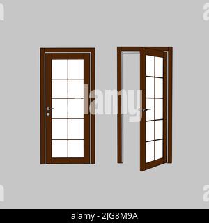 Open and closed 3d brown wooden door concept. A door is opened for four stages. Four different positions of one door. vector art image illustration Stock Vector