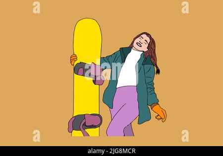 Girl with skis. Girl in jacket and ski goggles. Stock Vector