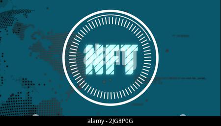 Image of nft over globe and data on green background Stock Photo