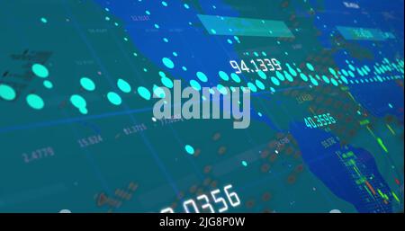 Image of graphs and data over world map on green background Stock Photo