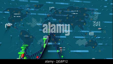 Image of graphs and data over world map on green background Stock Photo