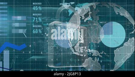 Image of globe, digital padlock and financial data over green background Stock Photo