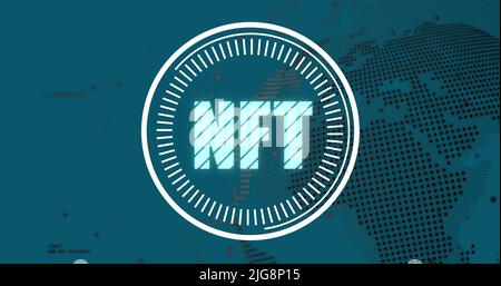 Image of nft over globe and data on green background Stock Photo