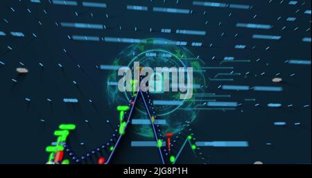 Image of graphs, globe and data on navy background Stock Photo