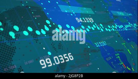 Image of graphs and data over world map on green background Stock Photo