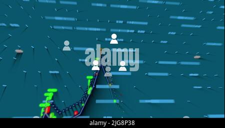 Image of clock over diverse data processing and spots on blue background Stock Photo
