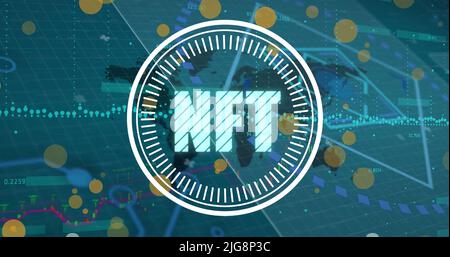 Image of nft and data processing over world map on green background Stock Photo