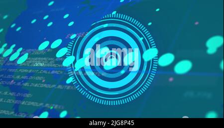 Image of graphs and processing circle over world map on green background Stock Photo