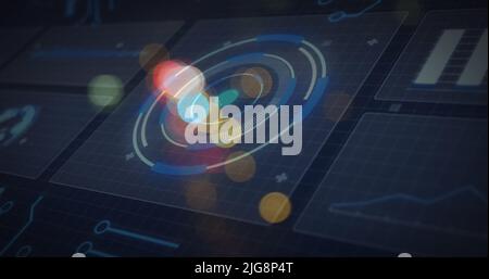 Image of blurred traffic lights over processing circle and dark space Stock Photo