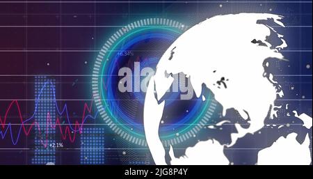Image of red line and data processing over globe and grid Stock Photo