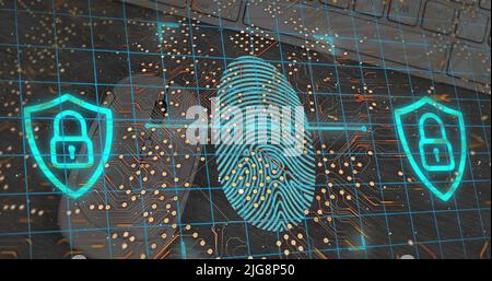 Image of binary coding data processing over grid on blue background Stock Photo
