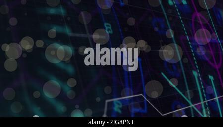 Image of dots moving over processing circle on black background Stock Photo
