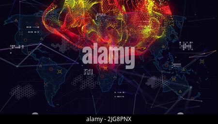 Image of connections, shapes and flames on black background Stock Photo