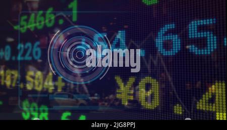 Image of financial data over processing circle on dark violet background Stock Photo