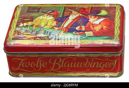 Old red Vintage rectangular metal box, decorated with Dutch motifs Stock Photo