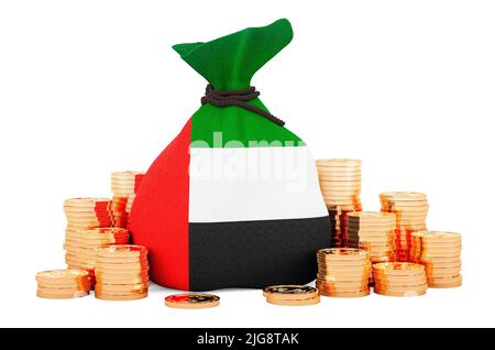 Money bag with the United Arab Emirates flag and golden coins around, 3D rendering isolated on white background Stock Photo