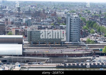 View from A'DAM Tower over Amsterdam, Ibis Hotel, Central Station, Tracks, Amsterdam, Netherlands Stock Photo