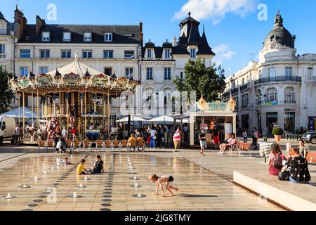 France, Centre-Val de Loire, Orléans, Place Du Martroi, water feature, people Stock Photo